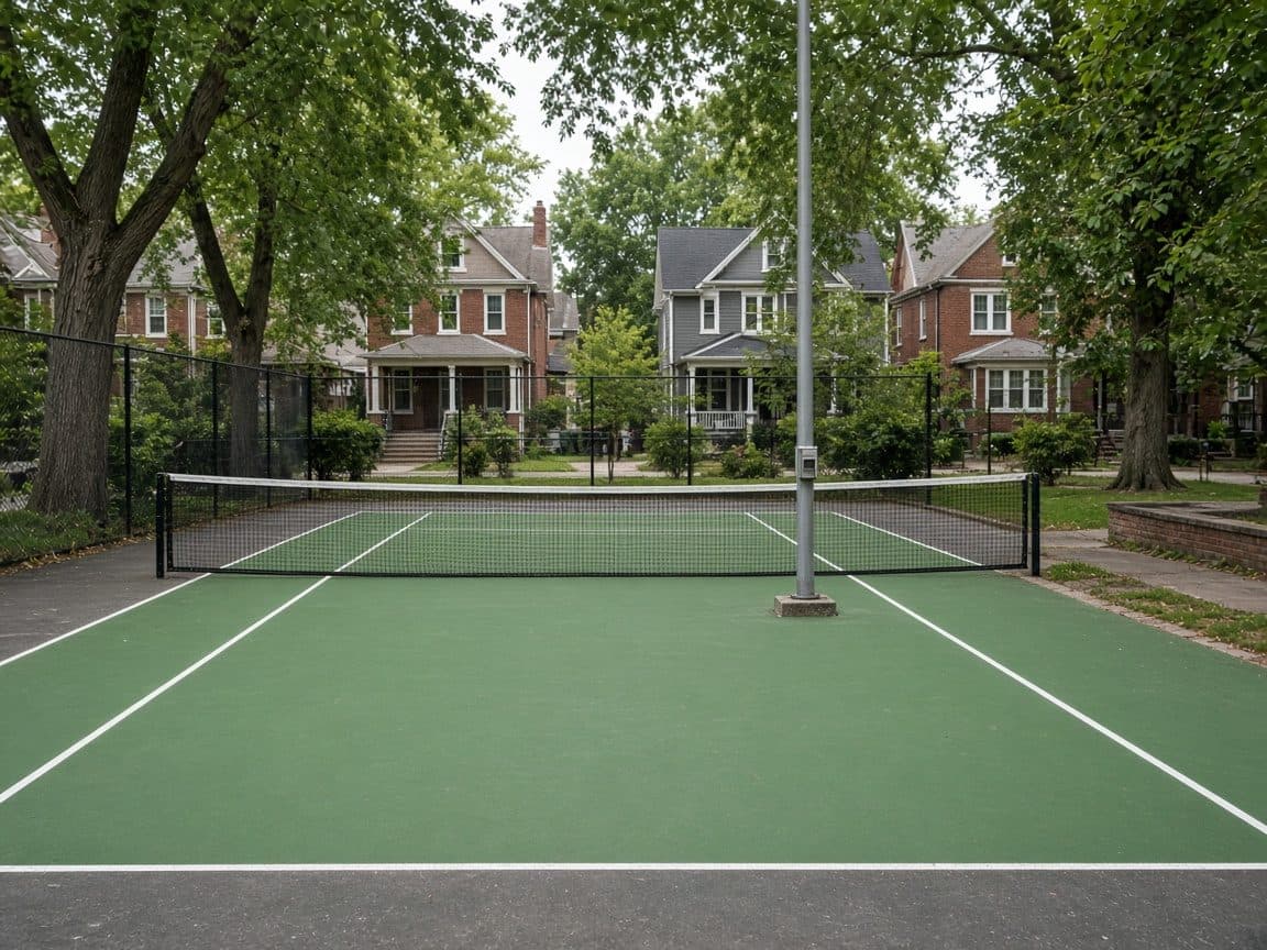 Two neighborhood hard courts between trees and houses