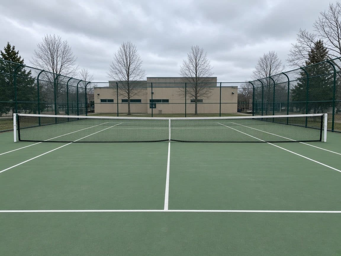 A close view of a public hard court and tennis net