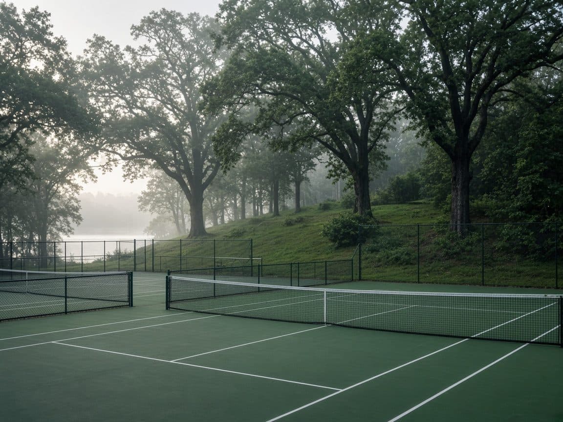 Public hard courts at the edge of a wooded park in morning light