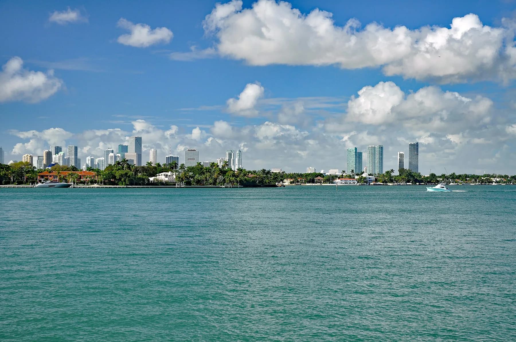 Miami skyline across the blue water of Biscayne Bay