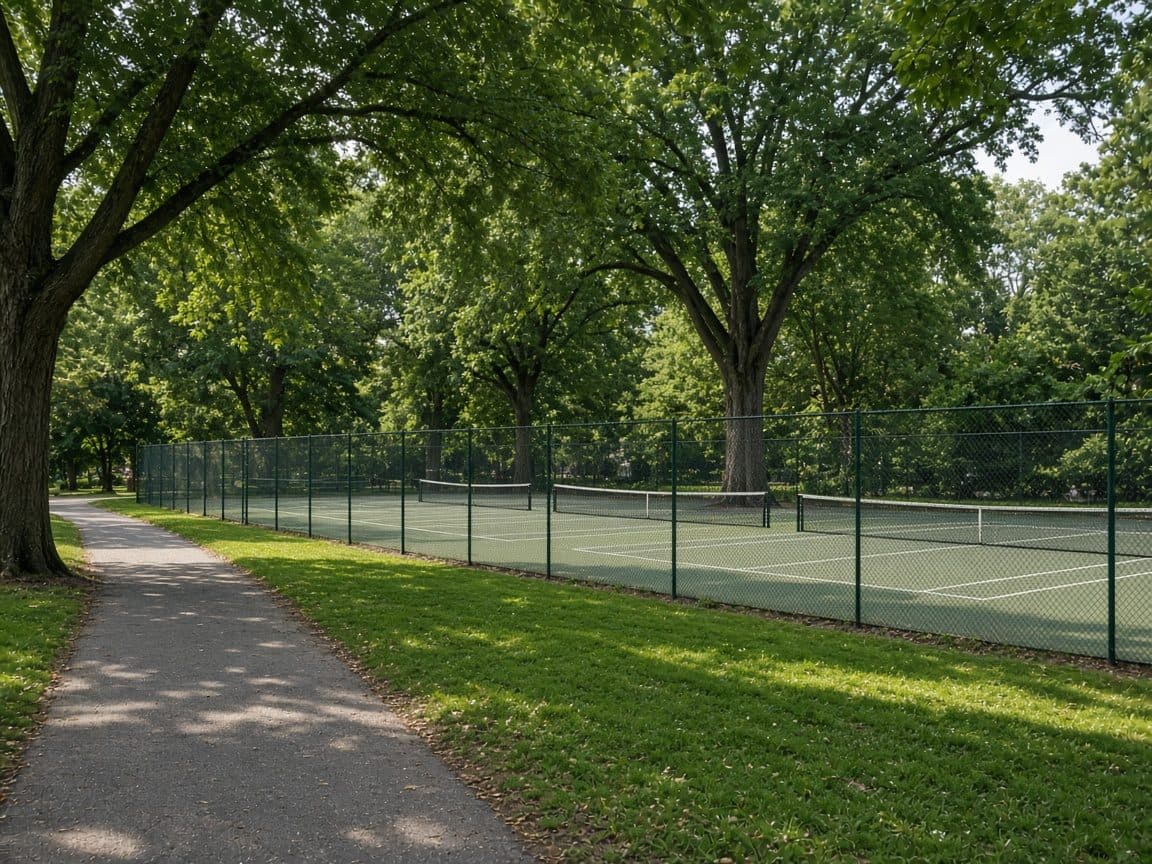 Hard courts seen from the side, deep in a leafy park