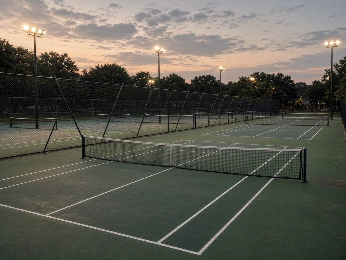 A row of public hard courts at dusk, lights coming on