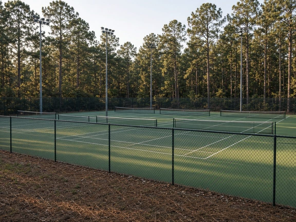 Several lighted hard courts in a pine park at golden hour